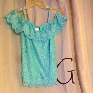 Teal blouse Spaghetti strap half shoulder lace and